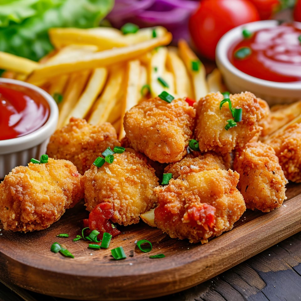 Crispy fried chicken nuggets and golden french fries with ketchup on a wooden board at Lemon Drop.