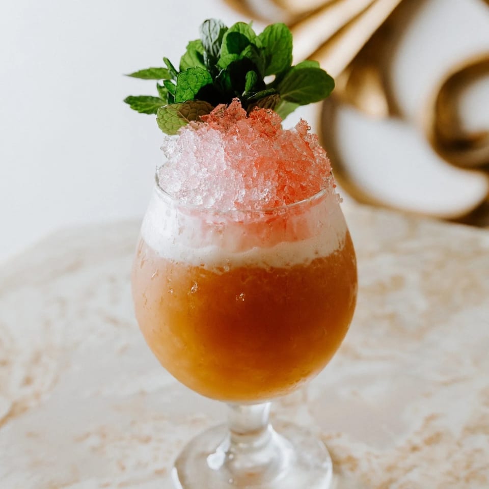 Lemon Drop's cocktail with crushed ice, mint garnish, and a golden background.